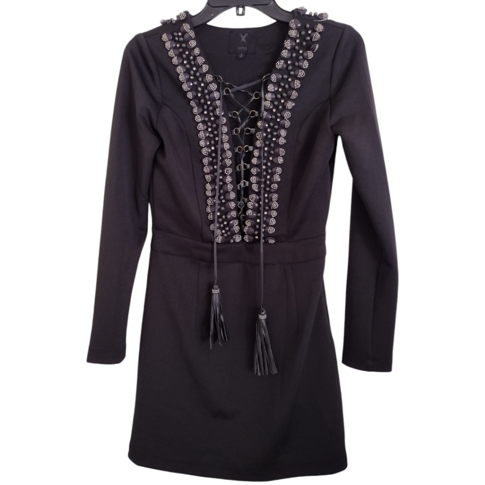 X By NBD black bodycon minidress with beading, lace up detailing tassels Size 4